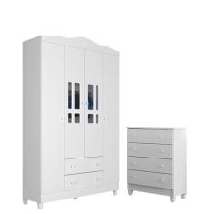 Cômoda Gaveteiro e Guarda Roupa Ariel 4 Portas Branco Brilho - Carolin