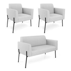 Sofá Namoradeira E 2 Poltronas Pé De Ferro Preto Marisa Linho D03 - D`rossi Cor Cinza