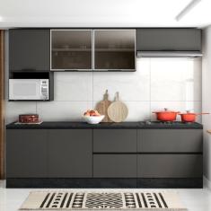 Cozinha Modulada Completa 7 Peças 7 Portas 4 Gavetas com Balcão para Cooktop Etina Poliman Móveis Grafite