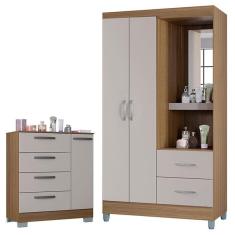 Cômoda 868 4 Gavetas e 1 Porta com Guarda Roupa Solteiro Córdoba 2 Portas Castanho Off White - Poquema