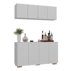 Kit Bar Armário Aéreo e Aparador 4 Portas Multimóveis MP1087, Branco/N