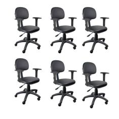 Kit 6 Unidades Cadeira Escritório Secretária Giratória Com Braço Regulável Em Couro Preto