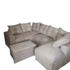 Sofá de Canto com Chaise + Puff Bege Suede