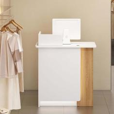 Mesa de recepção, balcão de recepção de mesa frontal com luzes LED, gaveta com trava e armário de armazenamento, balcão de caixa de varejo para lobby loja de roupas escritório, branco + cor de tronco,