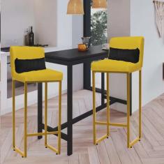 Kit 02 Banqueta Alta com Encosto Lucca Industrial Cozinha Balcão Ferro Dourado Suede Amarelo e Almofada Preto - Ahazzo Móveis