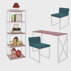 Kit Escritório Bex 2 Cadeiras Suede Azul Turquesa com 1 Mesa e 1 Livreiro Ferro Branco mdf Rose Rosa - Ahazzo Móveis