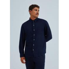Camisa Básica Masculina Manga Longa Slim Em Linho - Hering, XG, Azul e