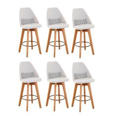 Kit 06 Banquetas Alta Maya Giratória Com Encosto Linho Bege Claro e Almofada Zigzag - Aurora Line