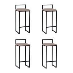 Kit 4 Banquetas Industrial Premium Alta Bar Cozinha Bistrô Em Aço Dori Preta Assento Suede Bege Preto