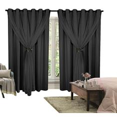 Cortina Corta Luz 4,00m X 2,70m 100% Blackout Com Voil Preto Para Sala Ou Quarto Varão Simples