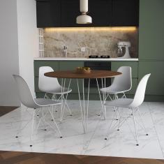 Mesa De Jantar Redonda 90Cm Amêndoa Clips 3 Pés Com 4 Cadeiras Brancas Ferro Branco Cor: Amendoa
