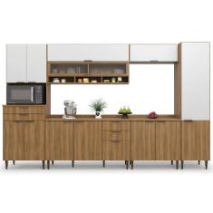 Armário De Cozinha Completa Com Balcão Nicho Para Micro Ondas 13 Portas 5 Gavetas Paris Nogal/branco