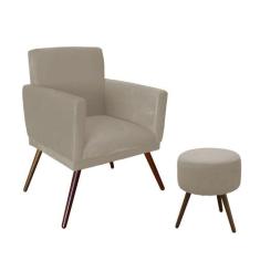 Combo Poltrona Nina Com Rodapé E Puff Redondo Pés Madeira Suede Bege -