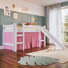 Cama Infantil Elevada C/ Escorregador Cortina Rosa - Branco - Completa