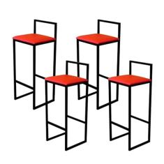 Jogo 4 Banqueta Alta Cozinha Bar Balcão Bistrô Industrial Preta Estofado Vermelho