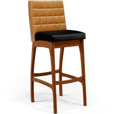 Banqueta Alta Mila B04 Assento Courino Base Fixa Encosto Estofado Altura 106 cm Preto e Whisky