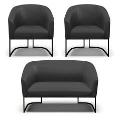 Sofá Namoradeira e 2 Poltronas Base Industrial Preto Stella Corino Preto D03 - D`Rossi