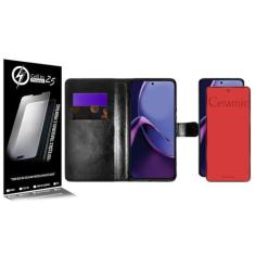 Capa Case  Carteira material sintético Preto + Película Cerâmica Fosca