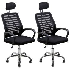 Kit 2 Cadeiras Escritório Diretor Tela Mesh Com Encosto De Cabeça Preto