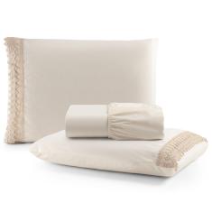 Jogo Cama Lençol Haia Casal Padrão Percal 200 Fios 100% Algodão Guipir Bordado Inglês 3 Peças - Palha