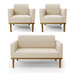 Sofá Namoradeira Com 2 Poltronas Base De Madeira Fixa Castanho Marisa Suede Bege D03 - D?rossi