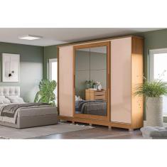 Guarda-roupa 4 Portas de Correr e 4 Gavetas com Pés e Espelho Canela/Macadâmia