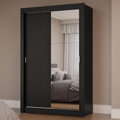 Guarda-Roupa Solteiro 2 Portas de Correr com Espelho Preto Milano Madesa