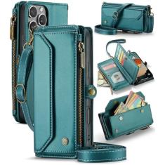 GooodiDEAR Capa para iPhone 16 Pro Max, carteira transversal para celular com suporte de bloqueio RFID, compartimentos para cartão de carregamento sem fio, bolsa de ombro de couro PU, alça ajustável,