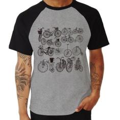 Camiseta Raglan Bicicletas antigas - Foca na Moda, Cinza, Preto, GGG