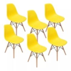 Kit 6 Cadeiras Eiffel Amarela Base Madeira Para Sala