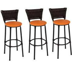 Kit 3 Banquetas Médias Preta com Encosto Junco Argila Assento Laranja