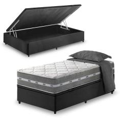 Cama Box Com Baú Solteiro King Preto + Colchão Molas Ensacadas Miami 96x203x64cm