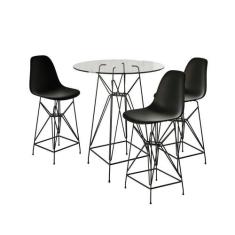 Jogo Mesa Bistrô Eames Vidro 60Cm 3 Banquetas Preta Base Ferro Preto -
