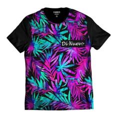Camiseta Havaiana Folhas Coloridas Verão Tropical Di Nuevo, M, Preto