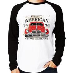 Camiseta Raglan Vintage Classic Car Manga Longa - Foca na Moda, Branco