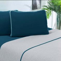 Jogo De Cama Malha Lençol 100% Algodão Urbano 3 Peças Solteiro - Azul Petroleo/Mescla