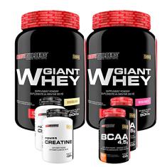 Kit 2x Giant Whey 900g + 2x BCAA 4,5 100g + 2x Power Creatina 100g - Bodybuilders Sabor Baunilha e Morango