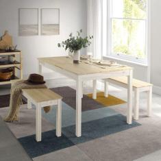 Mesa de Madeira Maciça 4 Lugares com Bancos Mandacaru Cabecasa MadeiraMadeira Bege/Branco