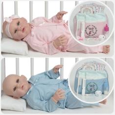 Boneca Reborn Gêmeos Casal Com Pijama Kit 32 Acessórios - Cegonha Rebo