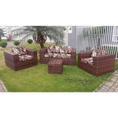 Conjunto de Sofá Fibra Sintética Cidade do México - 1 Sofá 2L + 2 Poltronas + 1 Mesa Centro - Tecido Revieira Marrom