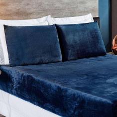 Jogo De Cama Lençol Biasoft Casal Padrão Manta Flannel Toque Extra Macio 03 Peças - Azul Marinho