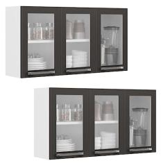 Conjunto 2 Armários de Cozinha Aéreos Itatiaia Aço 3 Portas Com Vidro Florença Grafite/branco