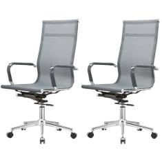 Kit 2 Cadeiras Giratória Office Sydney Presidente Fratini Tela Cinza Base Aço Cromado