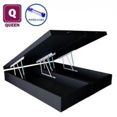 Cama Box Baú Queen size Bi partida em Sintetico preto com Pistão a gás - 158x198x35