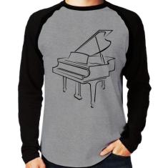 Camiseta Raglan Piano Manga Longa - Foca na Moda, Cinza, Preto, M