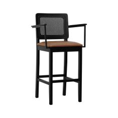 Banqueta Alta Bistrô Lyon Telinha Madeira Maciça C-braço - Preto Assento Estofado Corano Marrom Mescla