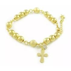 Pulseira Terço Religioso Bolas Dourado Folheado Ouro 18k - Milena Folh