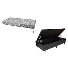 Cama Box Baú Solteiro 88 - Tecido Sintético Preto Com Colchão Nápoles Bello Box - 100% Espuma - D33 Branco 55x88x188