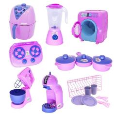 Kit cozinha infantil rosa air fryer panela fogão louça 19pç