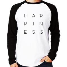 Camiseta Raglan Happiness Manga Longa - Foca na Moda, Branco, Preto, G